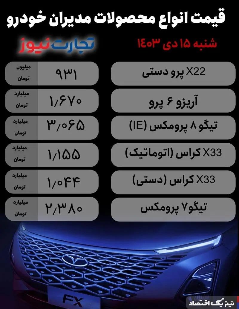 قیمت محصولات مدیران خودرو امروز شنبه ۱۵ دی ۱۴۰۳+ جدول