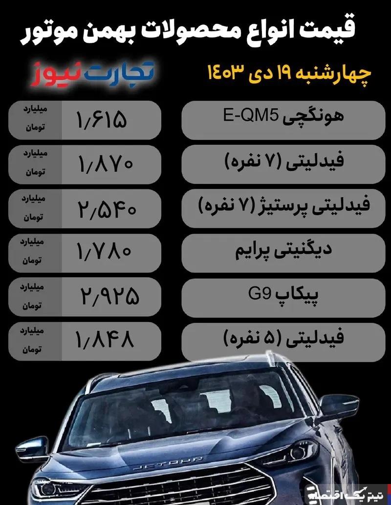 قیمت محصولات بهمن موتور امروز ۱۹ دی ۱۴۰۳/ هونگچی ۱۰ میلیون تومان ارزان شد  + جدول