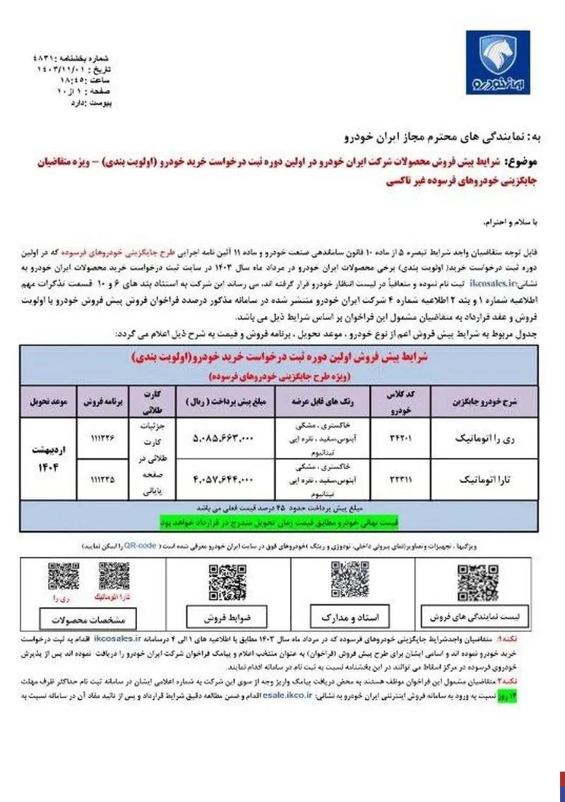 طرح فروش دو محصول ایران خودرو ۲ بهمن ۱۴۰۳+ جدول