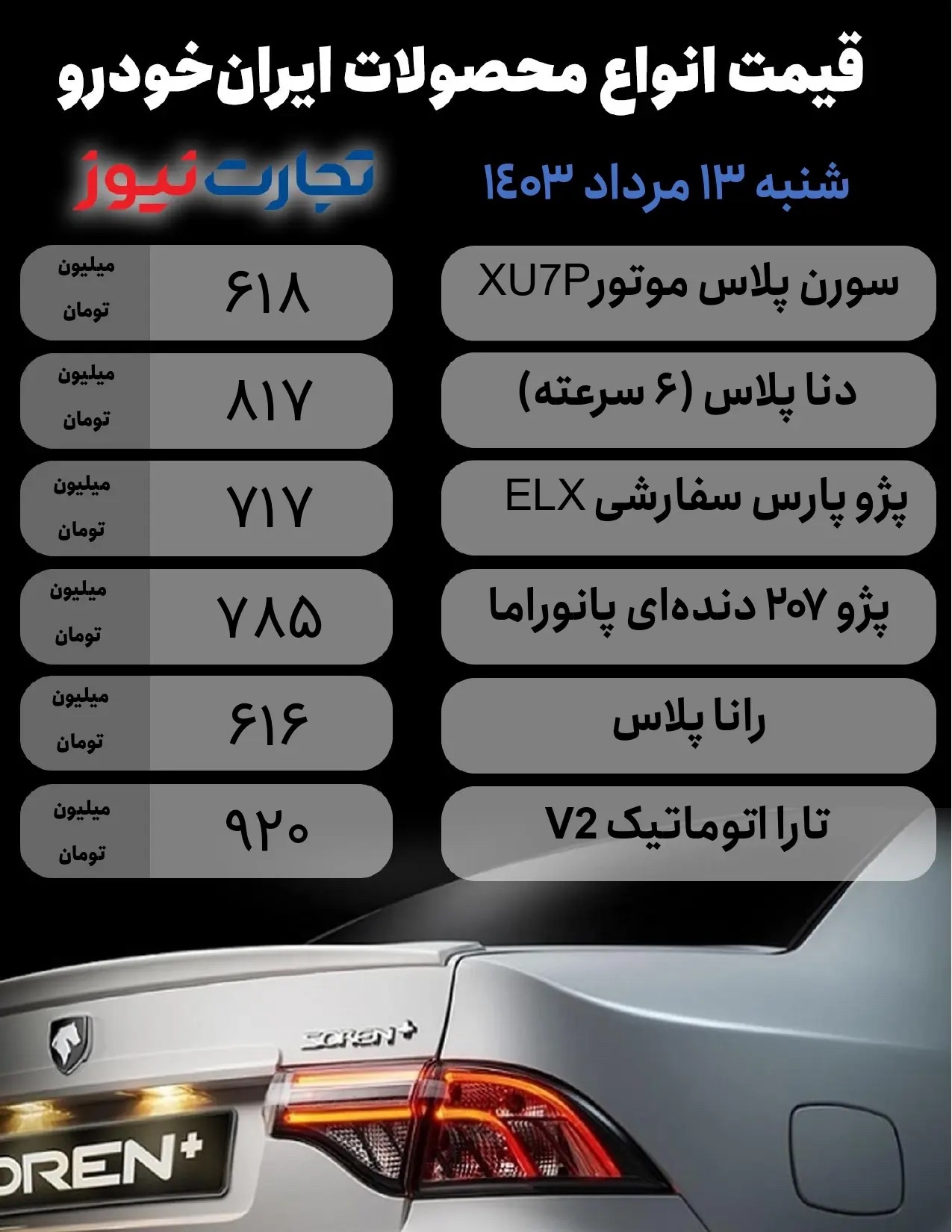 قیمت محصولات ایران خودرو امروز شنبه ۱۳ مرداد ۱۴۰۳ + جدول