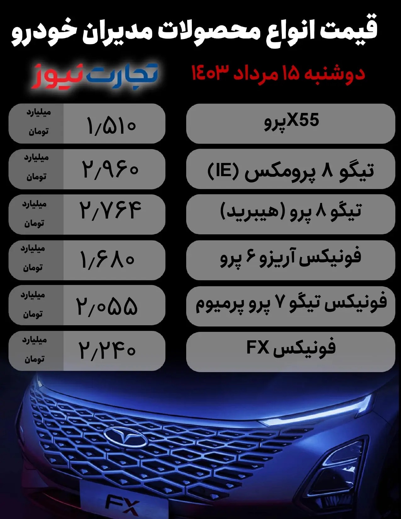 قیمت محصولات مدیران خودرو امروز دوشنبه ۱۵ مرداد ۱۴۰۳ + جدول