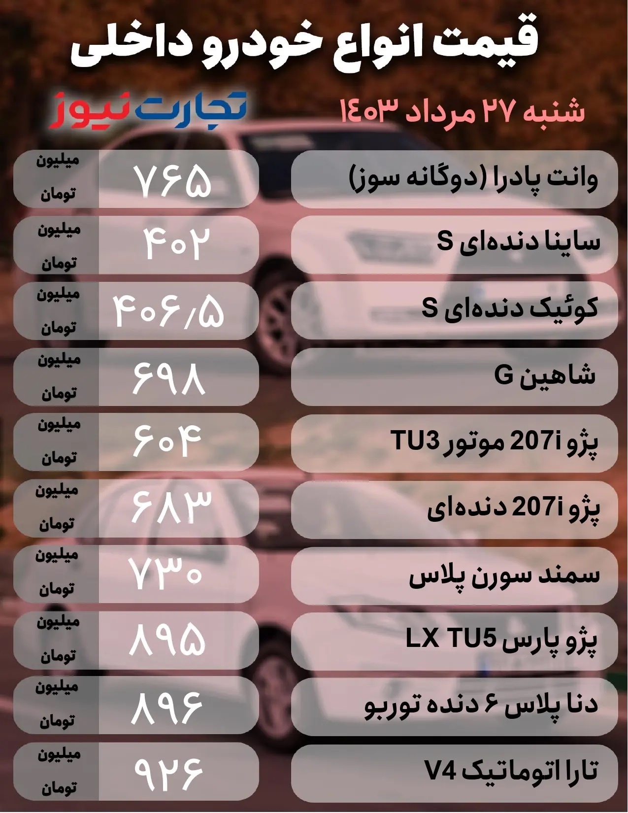 قیمت خودرو امروز شنبه ۲۷ مرداد ۱۴۰۳ + جدول