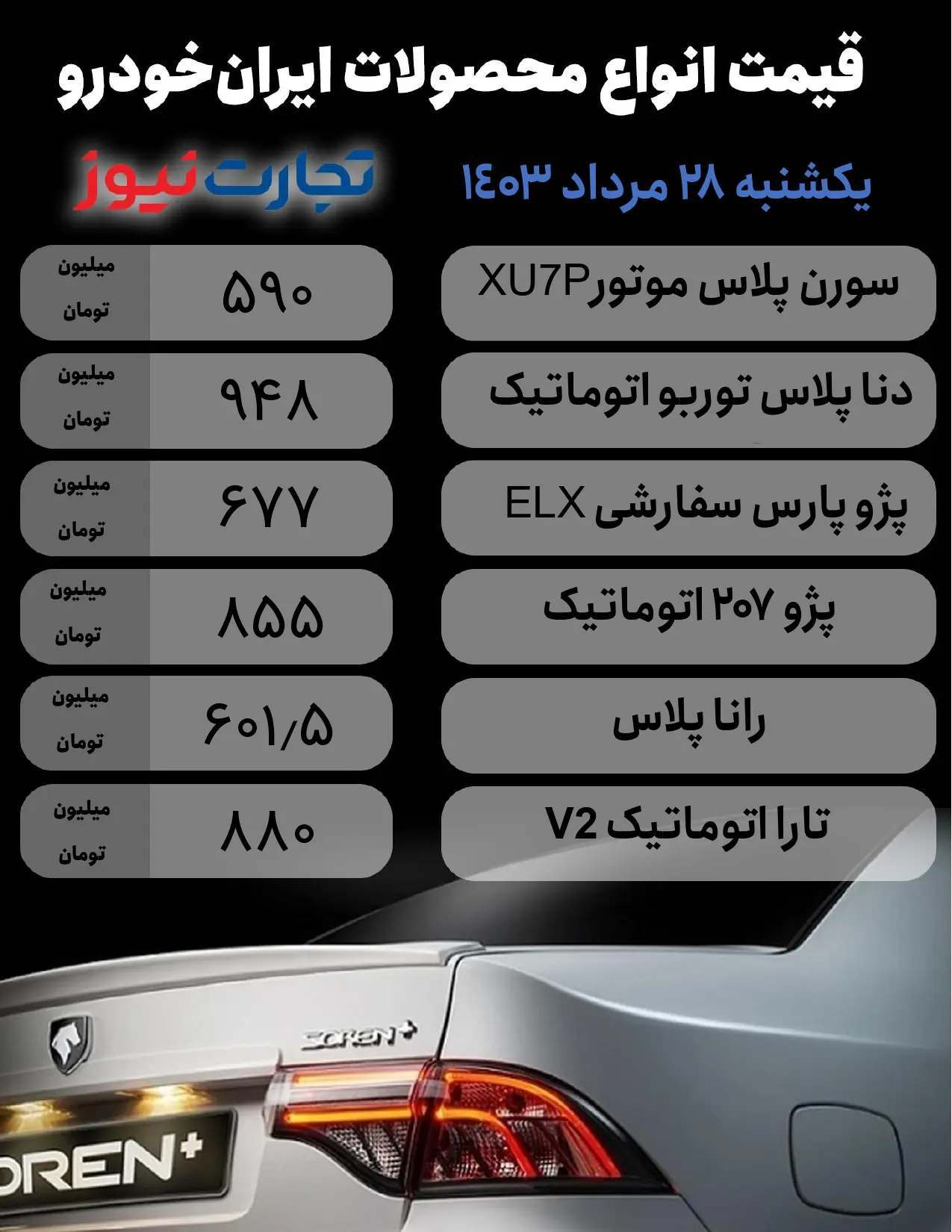 قیمت محصولات ایران خودرو امروز یکشنبه ۲۸ مرداد ۱۴۰۳+جدول