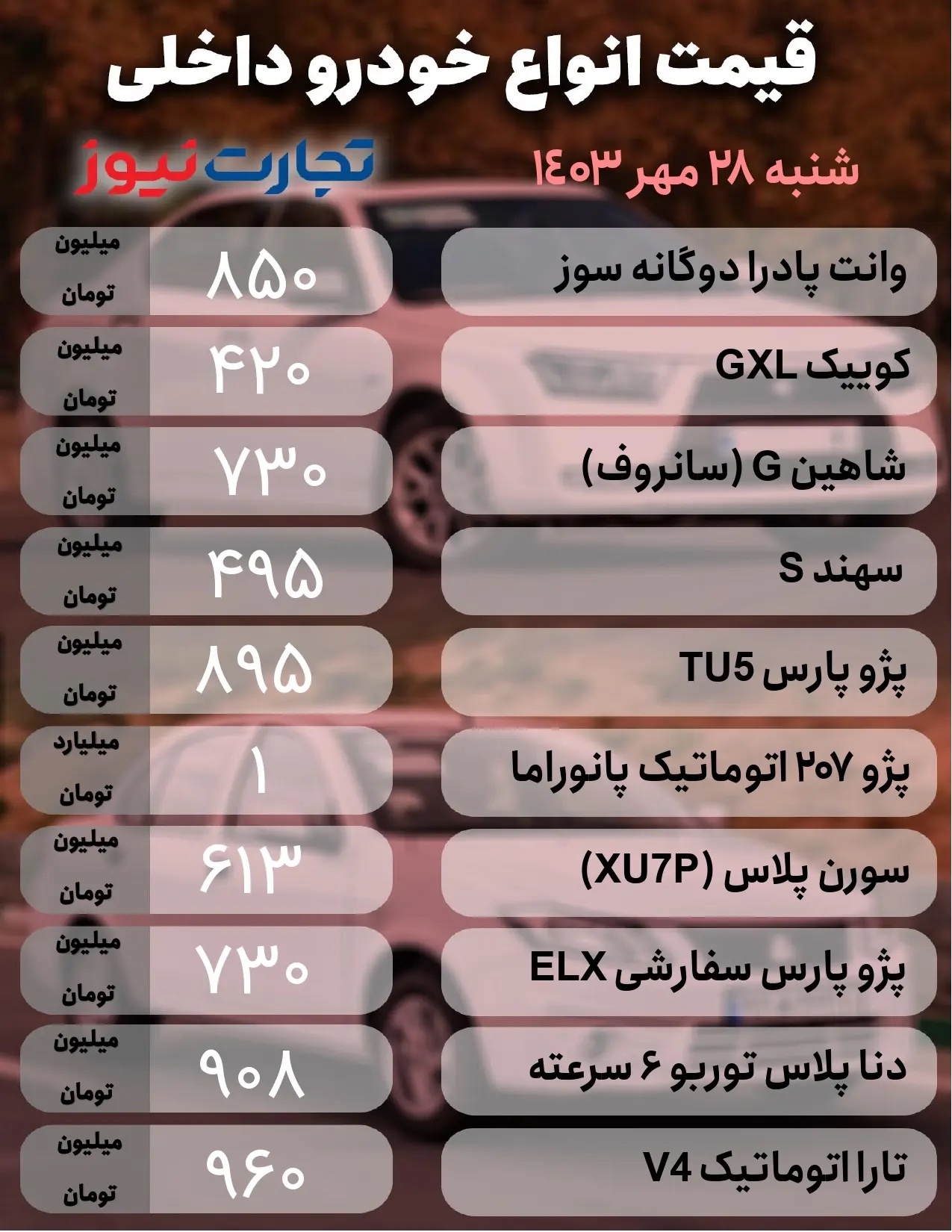 قیمت خودرو امروز شنبه ۲۸ مهر ۱۴۰۳ + جدول