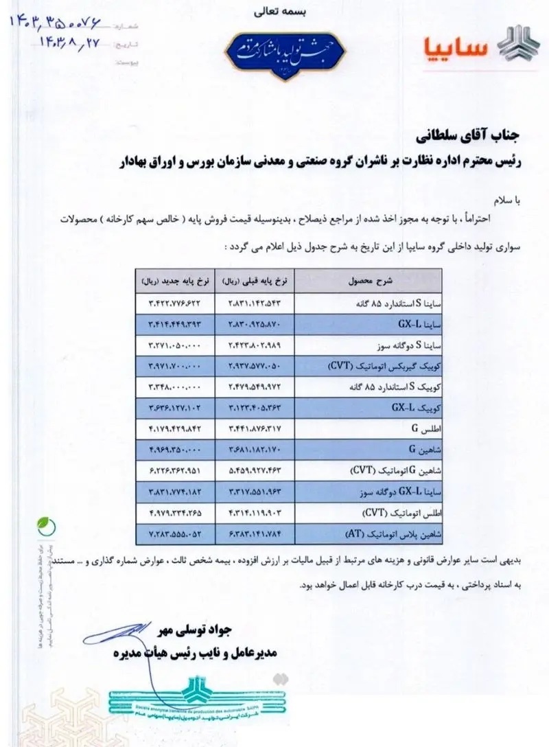 قیمت جدید محصولات سایپا + لیست قیمت