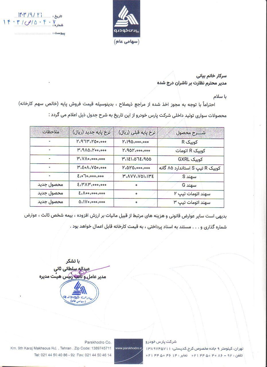 قیمت جدید محصولات پارس خودرو اعلام شد