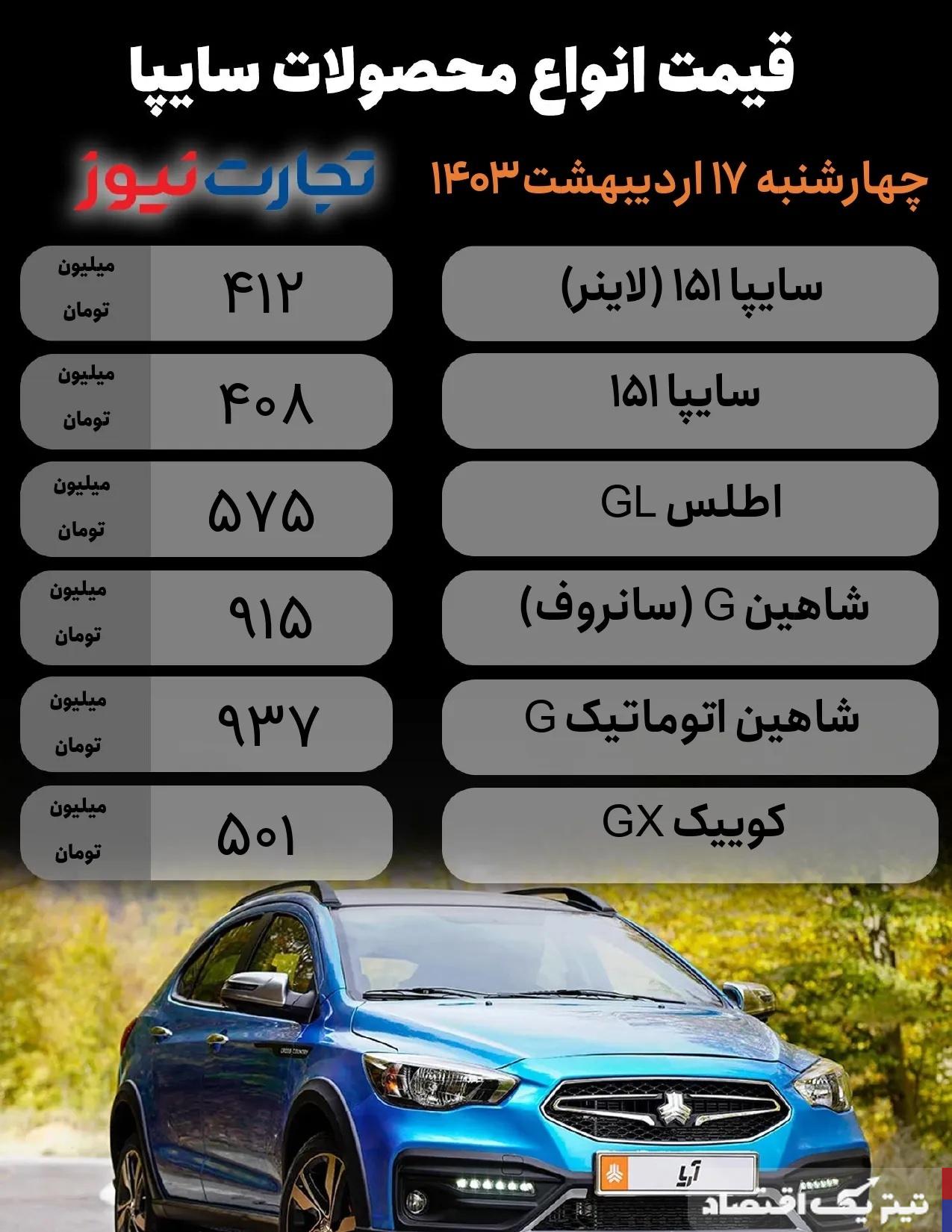 قیمت محصولات سایپا امروز 17 اردیبهشت 1404 + جدول