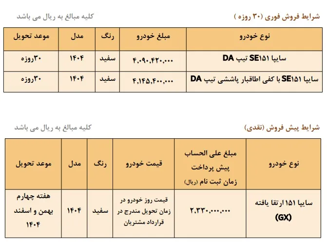 شرایط پیش فروش نقدی وانت سایپا ۱۵۱ از ۳۰ شهریور ۱۴۰۴
