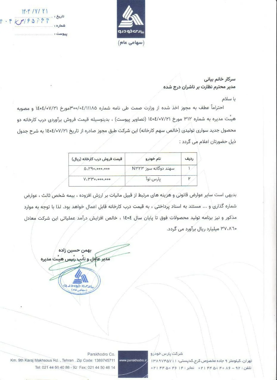 قیمت جدید دو محصول پارس خودرو اعلام شد + جدول
