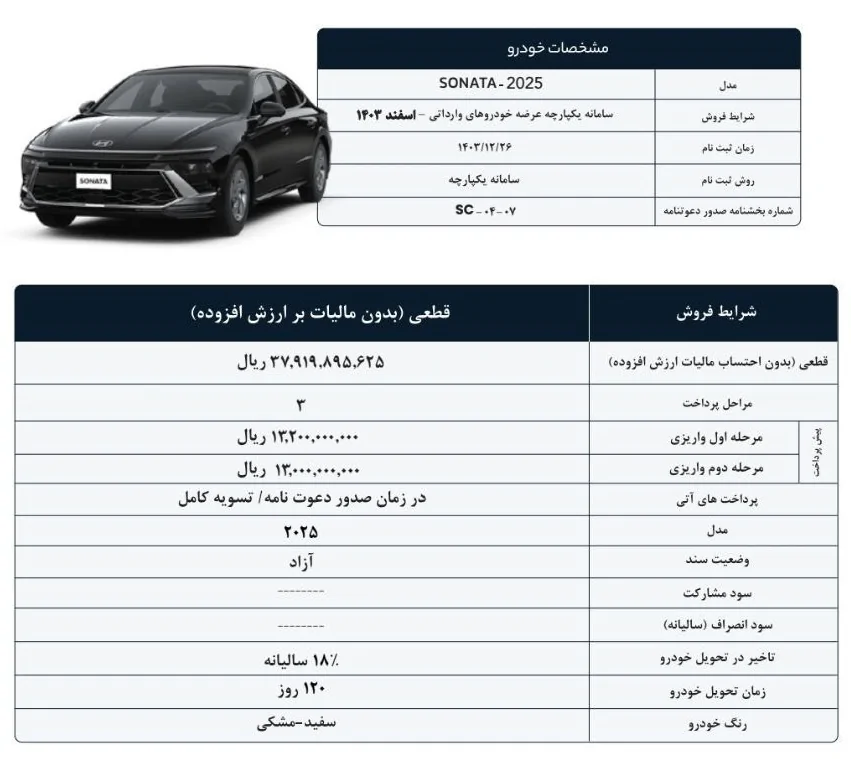 شرایط فروش هیوندای سوناتا 2025 در ایران  شرایط فروش هیوندای سوناتا 2025 در ایران